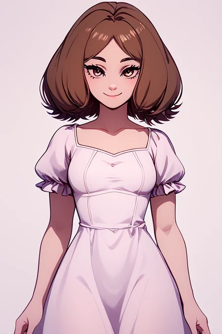 score_9, score_8_up, score_8, medium breasts, (curvy), cute, eyelashes, BREAK, , zzEdel, brown eyes, medium hair, brown hair, short hair, dress, collarbone, puffy short sleeves, <lora:EdelFrieren_PDXL:1.0>, , BREAK, closed mouth, smile, looking at viewer, zzLFashion, cowboy shot, ,,, embedding:zPDXL, Expressiveh, ,,, <lora:Vivid:0.7>, <lora:LFashionPDXL:1>, <lora:Uncensored_PonyXL_cpt_v02.09:0.4>, <lora:Expressive_H-000001:0.4>,
