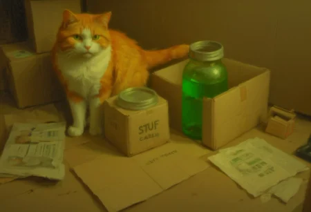 a painting of a cat in a box, orange cat, clutter, trash, cardboard boxes, paper, random items, disorganized storage, messy storage, various objects, green chair, pallet, plastic bags, boxes labeled 'stuff, tangled cables, randomness, various objects, stone wall, outdoors, low key, spot lighting, BREAK glass jars, green liquid, yellow goo, glass bottle, red liquid, backlit