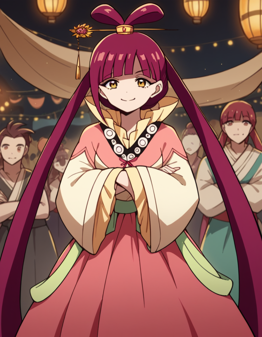 score_9, score_8_up, score_7_up, source_anime, <lora:kougyoku-ren-s1-ponyxl-lora-nochekaiser:1>, kougyoku ren, long hair, red hair, hair rings, twintails, bangs, blunt bangs, orange eyes, medium breasts,, shawl, dress, wide sleeves, long sleeves, sash, long skirt,, street market, vendor, street food, bustling crowd, local flavor, vibrant, smile, crossed arms, smug, looking at viewer, solo,, dutch angle, cowboy shot