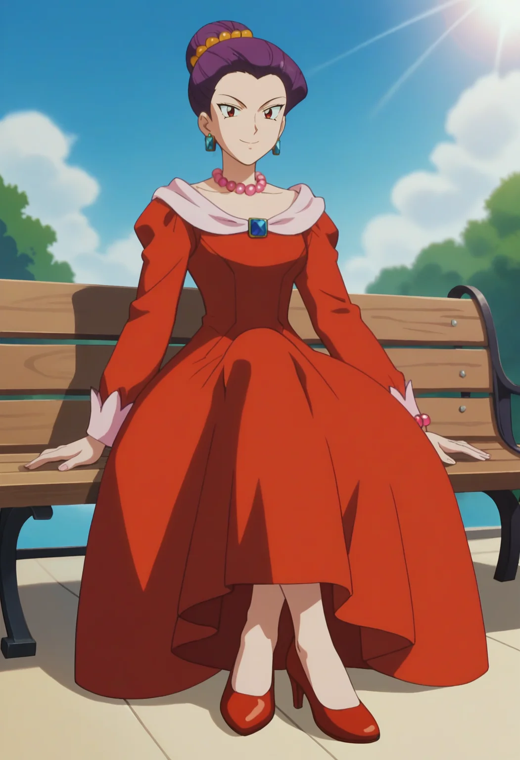 score_9, score_8_up, score_7_up, score_6_up, anime screencap, anime coloring, <lora:PMJM_epoch_10:0.7>, PMJM, red eyes, purple hair, short hair, single hair bun, earrings, orange hair bobbles, aged up, 
pink pearl necklace, long dress, red dress, long sleeves, high heels,
smile, looking at viewer, closed mouth, sitting, bench, crossed legs, 
BREAK day, sunlight, blue sky,