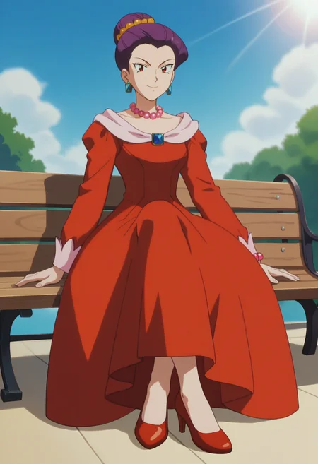 score_9, score_8_up, score_7_up, score_6_up, anime screencap, anime coloring, <lora:PMJM_epoch_10:0.7>, PMJM, red eyes, purple hair, short hair, single hair bun, earrings, orange hair bobbles, aged up, 
pink pearl necklace, long dress, red dress, long sleeves, high heels,
smile, looking at viewer, closed mouth, sitting, bench, crossed legs, 
BREAK day, sunlight, blue sky,