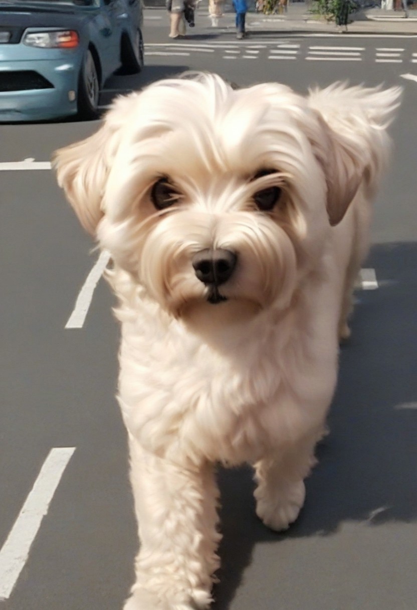 dog, maltipoo, pelly, pov, no humans, short hair, walking in the streets alone, serious look, paying attention, she is searching for people but she can find anybody
