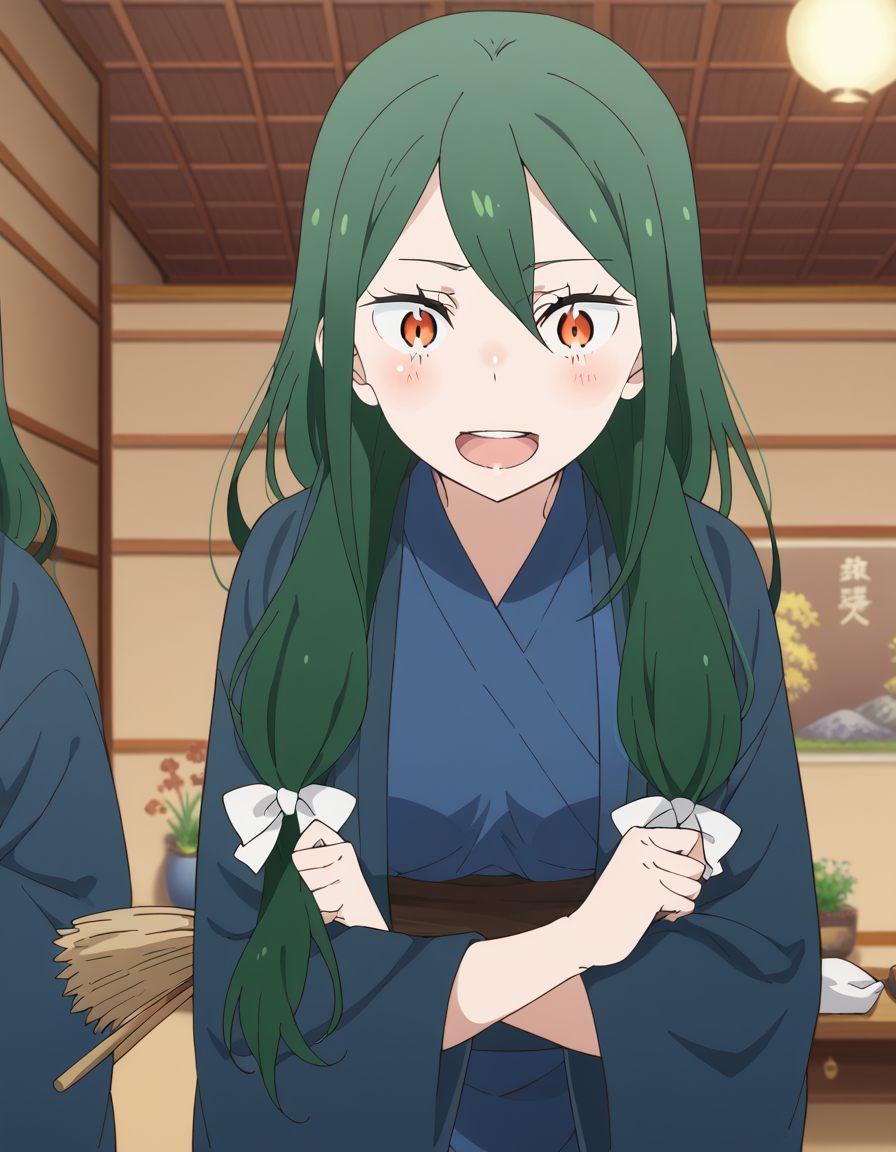 score_9, score_8_up, score_7_up, source_anime, <lora:crusch-karsten-s3-p1-ponyxl-lora-nochekaiser:1>, crusch karsten, long hair, hair between eyes, green hair, orange eyes, medium breasts,, hair bow, japanese clothes, kimono, sash, low-tied long hair, blue kimono, clubroom, posters, meeting table, decorations, student council, smile, <lora:x-arms-ponyxl-lora-nochekaiser:1>, x arms, blush, open mouth, leaning forward,, looking at viewer, solo,, dutch angle, cowboy shot