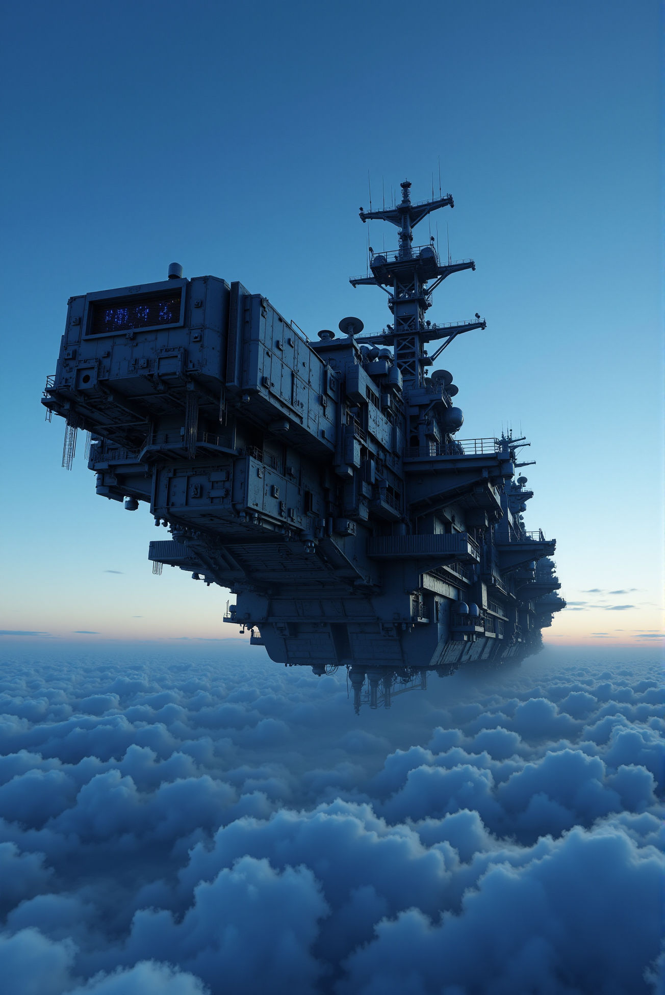 <lora:SpaceCraft_v.5:0.8> SPCCRFT style.
A colossal airborne vessel resembling a military aircraft carrier, floating above a dense sea of clouds under a cobalt twilight sky, its angular hull covered in matte gunmetal plating, antenna arrays, communication dishes, and reinforced support structures; the ship's silhouette is dramatically lit from the horizon with a cool atmospheric gradient, casting faint blue reflections and pinpoint lights from portholes and machinery scattered across its surface; the undercarriage reveals retractable scaffolding, gantries, and external pipe systems, all contributing to a rugged, post-industrial aesthetic; the surrounding environment exudes calm but powerful energy, framing this leviathan as a sentinel drifting in silence above the world, blending retro-futurist aircraft design with contemporary naval detailing and cinematic lighting direction.