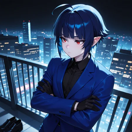 masterpiece, absurdres, highres, best quality, high quality, close up, portrait, facial focus, (g3d1), eigaka, taigerarts, (androgynous, reverse trap), 1girl, solo, pointy ears, pale skin, dark blue hair, blunt bangs, short hair, ahoge, ((blue suit, blue suit jacket, blue pants, black collared undershirt, black shoes)), black gloves, long sleeves, ((slender, toned)), flat chest, wide hips, expressionless, arms crossed, (outdoors), city, balcony, night, black sky, black atmosphere, fog