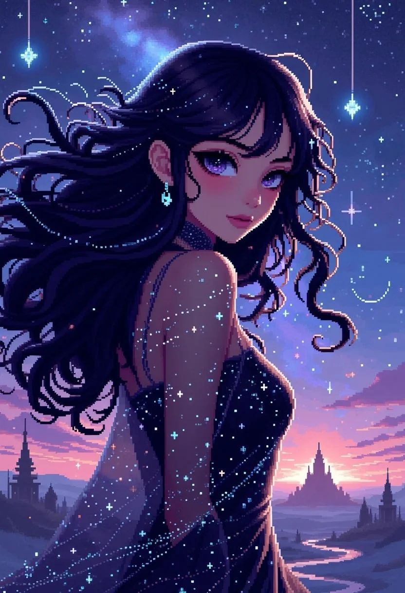 pinkpixelicious,
A mystical woman with flowing midnight-black hair laced with silver strands, resembling the Milky Way. Her violet eyes are framed by long dark lashes, and she wears a sheer, starry cloak that glows softly. Crescent moon charms dangle from her ears, and behind her, a vast cosmic landscape of swirling nebulae and ancient temples stretches infinitely.