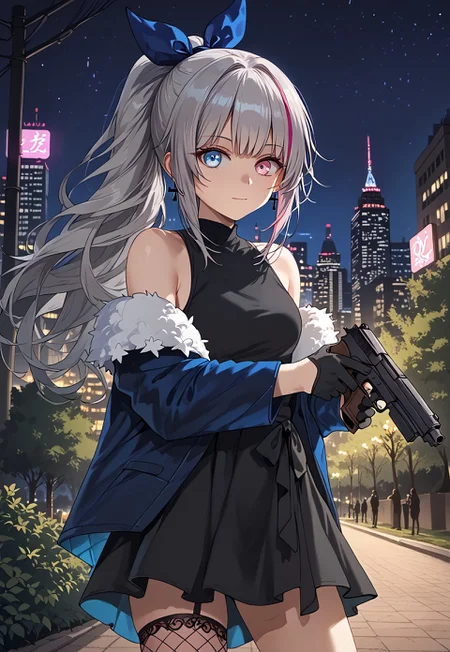 safe_pos, 1girl, solo, solo focus, highres, absurdres, MDR2nd, long hair, multicolored hair, blue eyes, ponytail, streaked hair, heterochromia, hair ribbon, grey hair, jewelry, cross earrings, bangs, pink eyes, pink hair, sidelocks, 

black dress, bare shoulders, black gloves, blue jacket, off shoulder, fishnet thighhighs, half gloves, single thighhigh, fur trim, sleeveless,

looking at viewer, holding gun, handgun, aiming at viewer, m1911,

park, cityscape, neon lights, shade, night, night sky, dark, backlighting,