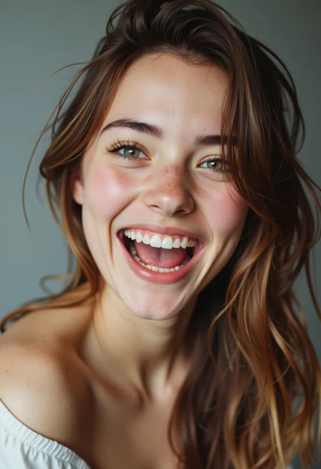 A stunning teenage Swiss girl with flawless model-like facial features, flawless light pale skin, youthful innocent charm, minimal makeup, and large captivating eyes. She is ecstatic and has a huge maniacal smile.  Her eyes are unnaturally large and colorful.