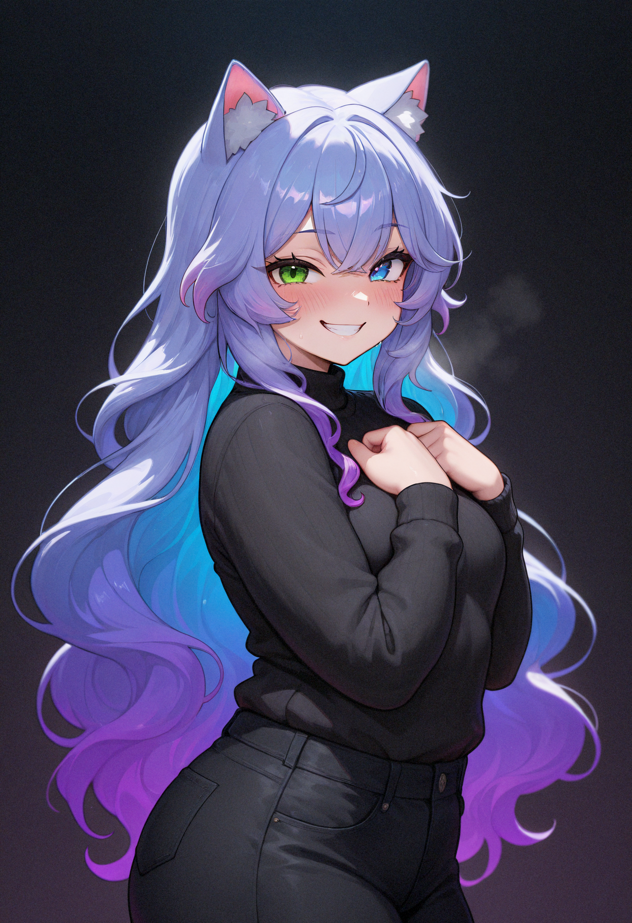 c0pi1ot,masterpiece,best quality,amazing quality,very aesthetic,high resolution,ultra-detailed,absurdres,1girl,dark background,1girl,blue eye,green eye,heterochromia,blue hair,purple hair,two-tone hair,gradient hair,long curly hair,looking at viewer,covered body,naugty face,blush,evil grin,black sweater,black jeans,small breasts,standing,from side,hands_on_own_chest,cat ears,<lora:MyTrainings\Temp\Slime_Girl_Copilot_Style_IL\Slime_Girl_Copilot_Style_IL_ARZUMATA.safetensors:0.6> <lora:SDXL_Pony_Correctors\Kojimbomber_Body weight slider 2_last.safetensors:3.4> <lora:SDXL_Pony_Correctors\Goofy_Ai_breasts_size_slider_pdxl_goofy.safetensors:1.0>