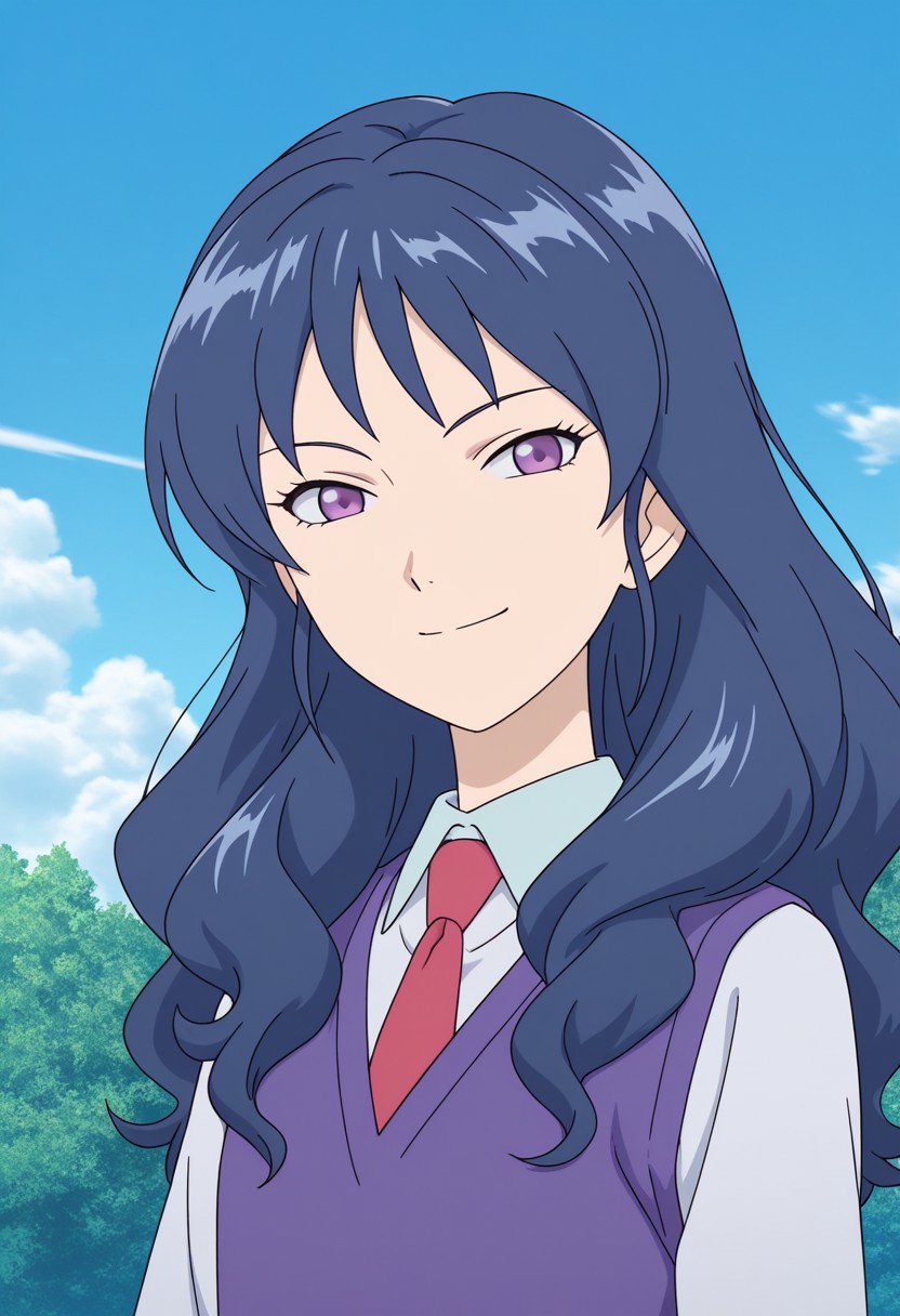 masterpiece, best quality, source_anime,official art,perfect_anatomy,menori,1girl,purple eyes,long hair,blue hair,school uniform,necktie,
sweater,vest,looking_at_viewer,smile,upper body,day,blue_sky,cloud