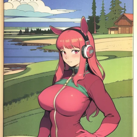 <lora:bilibin02-000030:1.1>(bilibin:1.1), (by ivan bilibin:1.1), sunny beach, hdr shadows, folk tales,1girl, animal ears, bangs, blush, bodysuit, breasts, closed mouth, fake animal ears, gloves, headphones, headset, horse ears, impossible clothes, jacket, large breasts, long hair, long sleeves, looking at viewer, pink bodysuit, pink eyes, (intricate details:0.1) <lora:aliceNikke_v30:0.2>