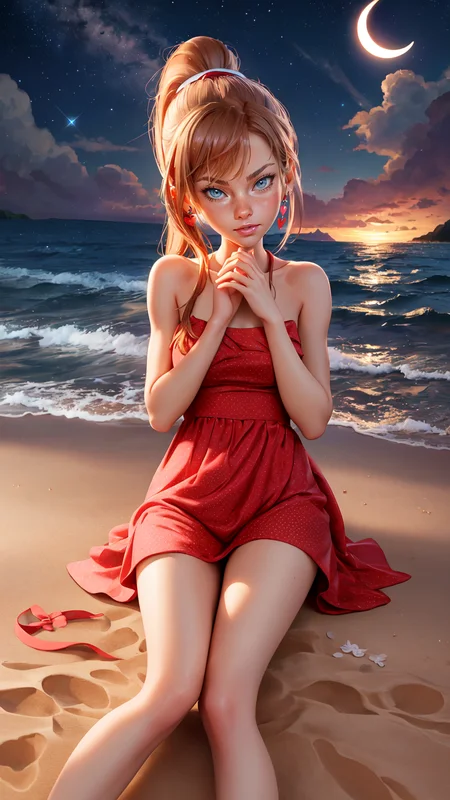 (pixar:1.2), (AnjelikaV2:1.2)
A 3D rendered scene of a woman with vibrant red hair in a ponytail, wearing a red polka dot dress with heart-shaped earrings, lying on the beach at night with the starry purple sky and sparkling ocean in the background. She has one hand gently touching the sand, displaying perfect and natural fingers. The dress flows around her, creating a sense of peace and relaxation. The background includes detailed stars, a crescent moon, and waves shimmering in the moonlight. The composition emphasizes detailed textures, soft lighting, and a serene, enchanting atmosphere.
<lora:baclight_slider_v10:-1> <lora:add_sharpness:2>, <lora:breastsizeslideroffset:0.8>