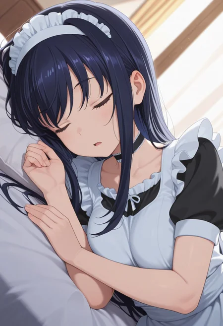 masterpiece,best quality,amazing quality, kushima kamome, long hair, black hair, 1girl, solo, maid, closed eyes, sleeping, maid headdress, lying, choker, open mouth, on side