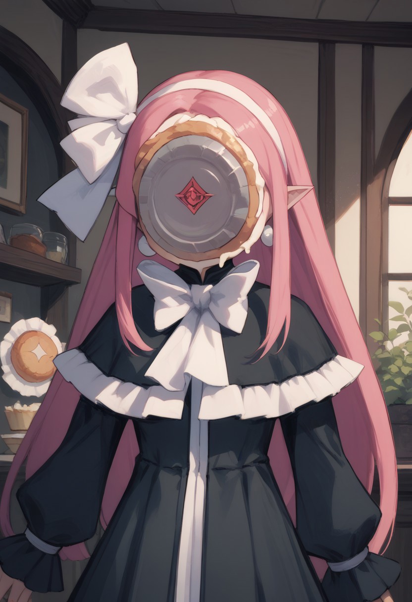 score_9,score_8_up,score_7_up,score_6_up,
witchxl,pink hair,red eyes,long hair,
black dress,white hairband,hair ribbon,long sleeves,earrings,
indoors, pie on face