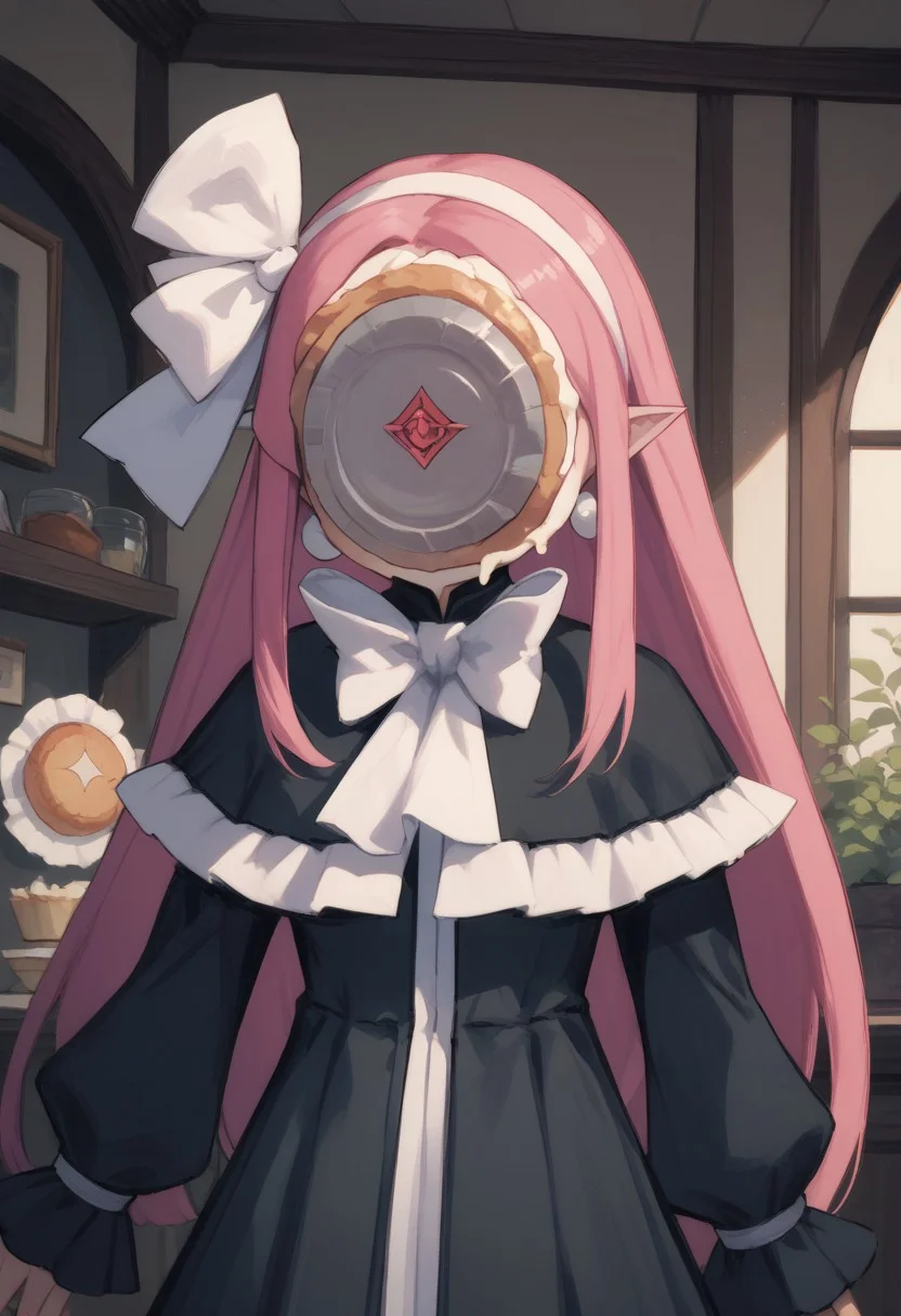 score_9,score_8_up,score_7_up,score_6_up,
witchxl,pink hair,red eyes,long hair,
black dress,white hairband,hair ribbon,long sleeves,earrings,
indoors, pie on face