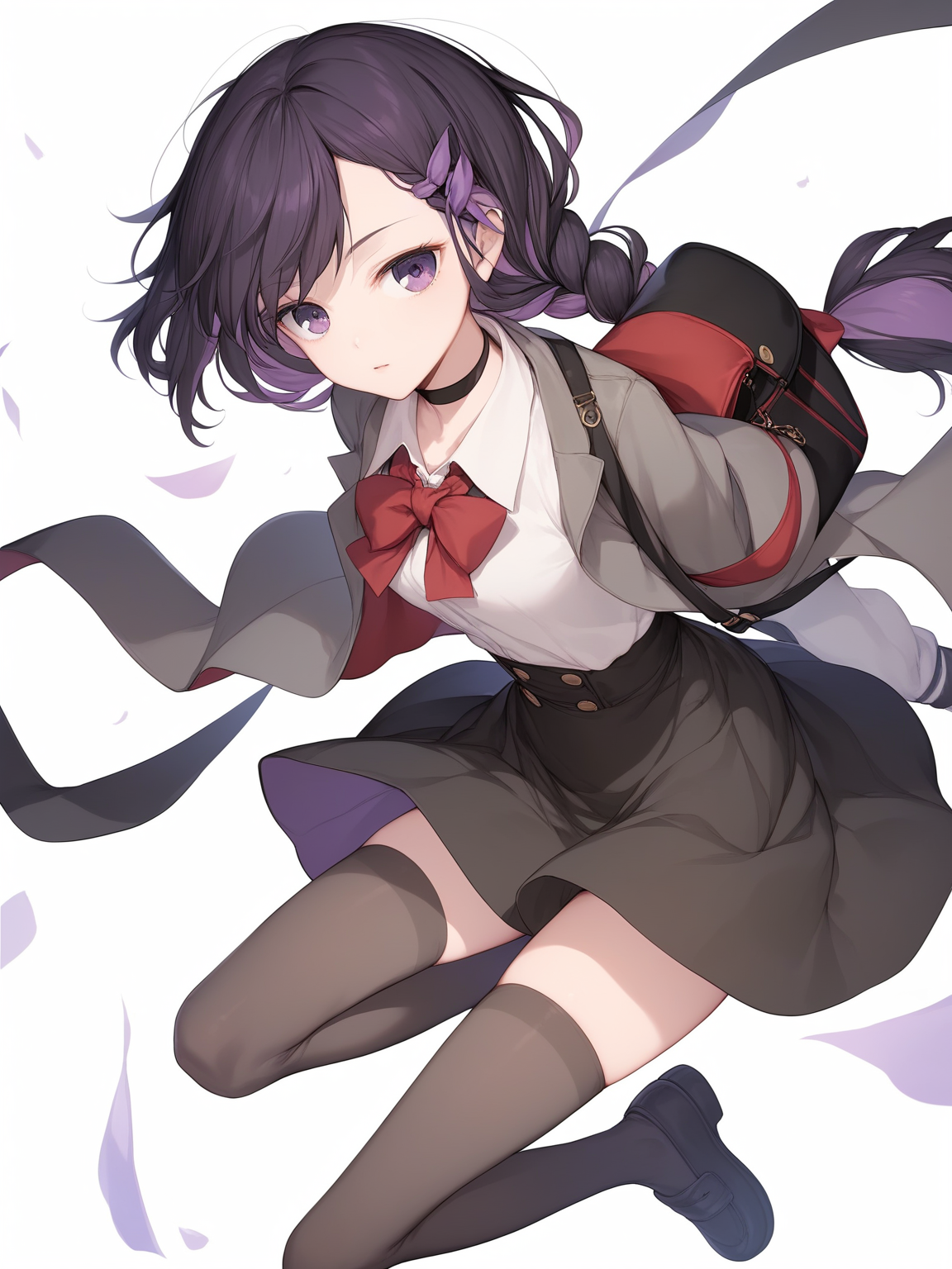 (score_9,score_8_up,score_7_up,),1girl,miki zf,fingerless gloves,thighhighs,black hair,purple eyes,simple background,white background,red bow,shirt,shoes,black choker,looking at viewer,long hair,braid,jacket,high-waist skirt,hair ribbon,arms at sides,purple hair,shoulder bag,colored inner hair,loafers,<lora:MIK1zf:0.9>,wind,reaching,