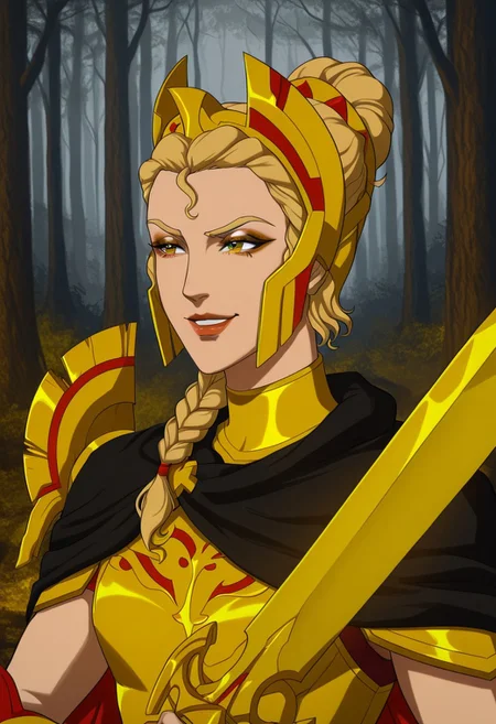 BoZStyle, Alexia, golden armor, black cape, holding sword, smiling, headgear removed, close up, single hair bun, braid, blonde, makeup, solo, detailed background, forest background