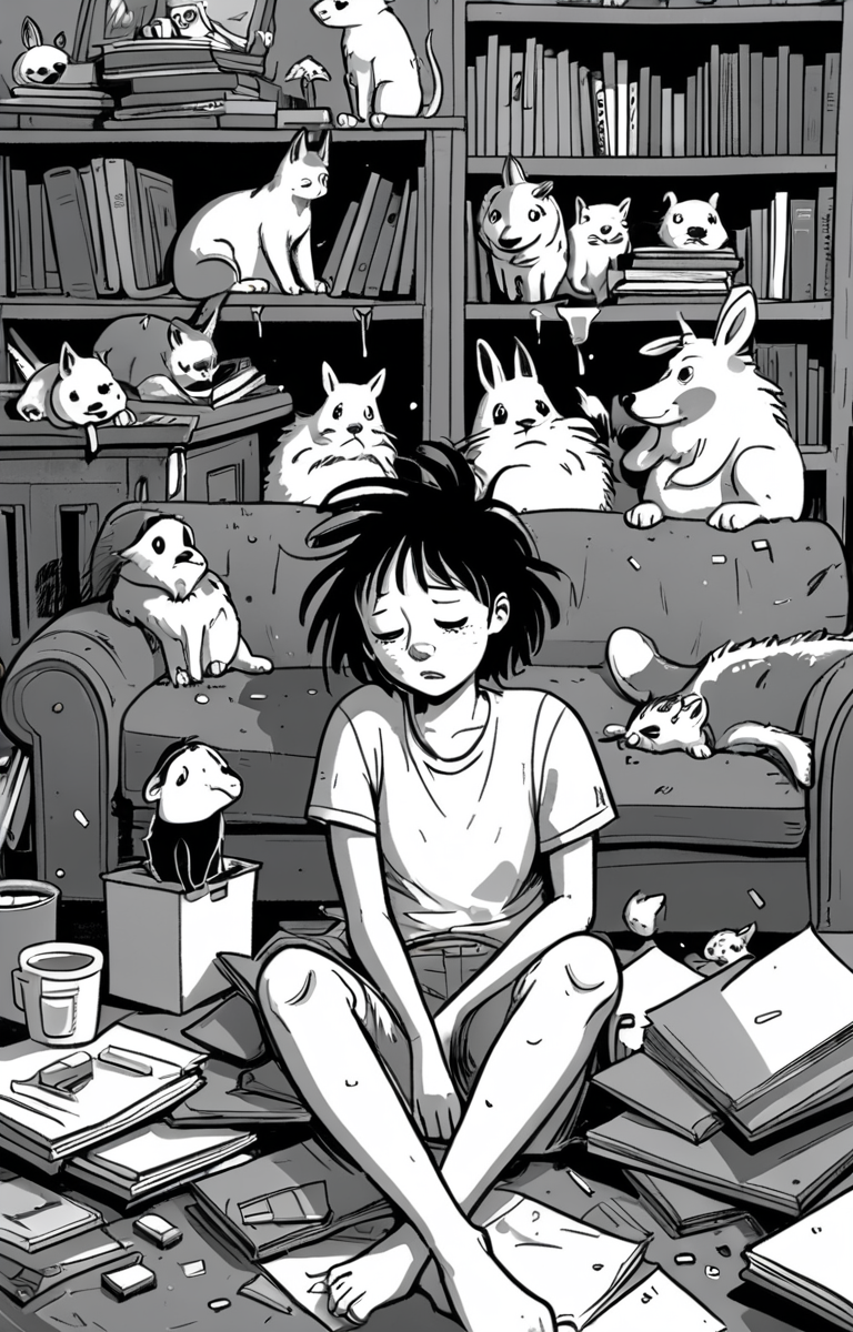 masterpiece,best quality,<lora:tbh373-sdxl:0.6>,illustration,style of exhausted people ,greyscale and white,comic animals