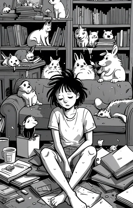 masterpiece,best quality,<lora:tbh373-sdxl:0.6>,illustration,style of exhausted people ,greyscale and white,comic animals