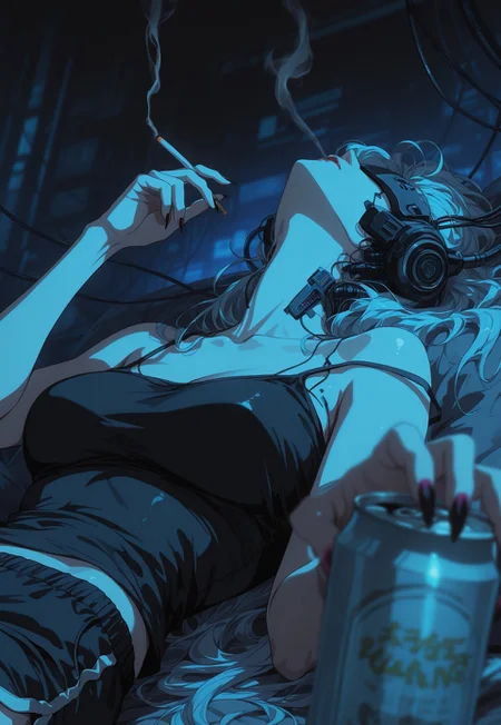 vntg2, mature female, 1girl, solo, head back, cyberpunk, sci fi, covered eyes, experiment, upper body, collarbone, spaghetti strap, cropped (cami) top, reclining, hologram, iOS, UI, user interface, bioluminescence, very_long_hair, wires, cables, (wires connected to head), (((holding cigarette))), smoke, pajama shorts, fingers, sharp fingernails, nail polish, connected, cover, neon, moody, bloom, dark, very dark, dim lighting, blurry background, foreshortening, hand_focus, messy room, beer, can, ((blurry foreground)), dynamic angle, detailed lighting, masterpiece, best qualiy, high detail, very aesthetic, vntg2