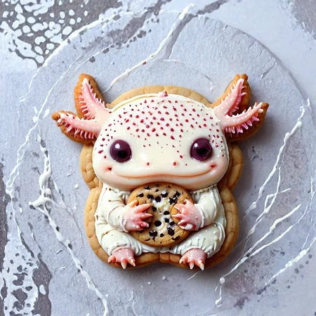 axomodelxl, cookie art, flat cookies with icing with simple cartoon cute axolotl face design,