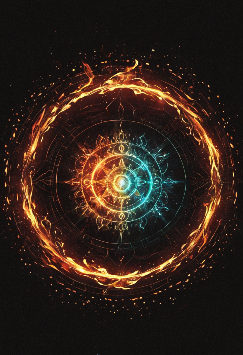 concept art <lora:R0k00bstr0ctHD:1>,r0k00bstr0cthd,r0k00bl0ckb0ckgr00ndhd,(shiny, fire, multicolored, black background, glowing, magic circle, aura), . digital artwork, illustrative, painterly, matte painting, highly detailed