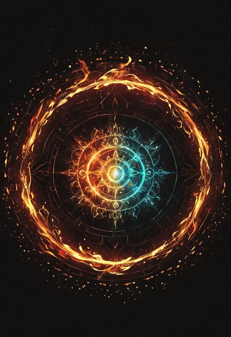 concept art <lora:R0k00bstr0ctHD:1>,r0k00bstr0cthd,r0k00bl0ckb0ckgr00ndhd,(shiny, fire, multicolored, black background, glowing, magic circle, aura), . digital artwork, illustrative, painterly, matte painting, highly detailed