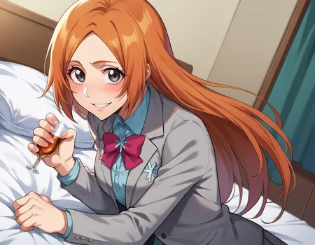 score_9, score_8_up, score_7_up, source_anime, 
inoueorihime, <lora:inoue-orihime-ponyxl-lora-nochekaiser:1>, 
inoue orihime, long hair, orange hair, grey eyes, smile, 
skirt, bow, school uniform, jacket, blazer, grey jacket, 
indoors, bed, bed room, on side, blush, drunk,
looking at viewer, cowboy shot, dutch angle, dynamic pose,