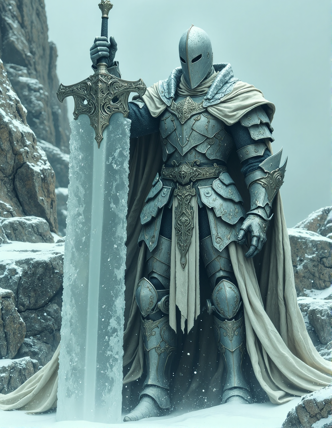 Large, imposing figure clad in weathered, silver-grey plate armor.  Full body, standing posture, holding a large, translucent, ice-like sword. Armor shows intricate details, slight signs of wear and damage.  The figure's face is obscured by the helmet, creating a sense of mystery.  A flowing, white cape drapes from the shoulders, billowing around the figure.  The rocky terrain, a mix of light and dark grays and off-whites, serves as a backdrop. The rocks and ground are covered in a layer of fine snow giving a cold, desolate atmosphere.  Pale, diffused lighting suggests an overcast day.  The focus is on a grand scale, emphasizing the armor's imposing form and the sword.  High contrast between the stark white of the ice-sword and surrounding elements creates a dramatic scene, HKMagic, <lora:FantasyWizardWitchesFluxV2-000001:0.7>, <lora:Dever_Flux_Enhancer:0.4>, <lora:flux.1_lora_flyway_Epic-detail_v2:0.4>, <lora:Elden_Ring_-_Yoshitaka_Amano:0.4>