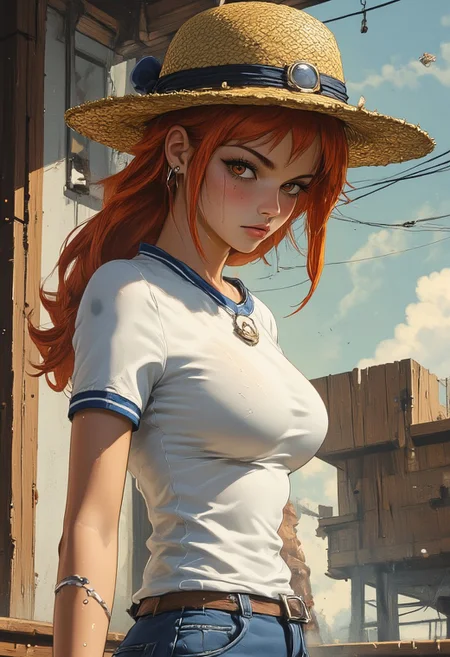 ArsMJStyle, dnddarkestfantasy, Nami, shes is wearing a white t-shirt with blue trim, wearing a straw hat., shes is wearing a white sailor shirt with blue trim, anime Nami,