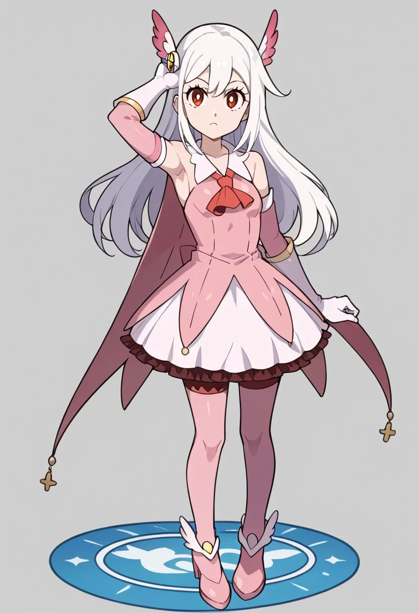 score_9, score_8_up, score_7_up, full body, source_anime, 1girl, armpit, arm up ,flat breasts, flat chest, short girl , aarosa, long hair , white hair, red eyes , neutral face, easynegative, looking at viewer, standing, <lora:prisma-illya-cosplay-ponyxl-lora-nochekaiser:1>, prismaillyacosplay, prisma illya \(cosplay\), dress, elbow gloves, feather hair ornament, feathers, frilled dress, frills, gloves, hair ornament, layered gloves, magical girl, orange ascot, pink dress, pink feathers, pink gloves, pink sleeves, white gloves,