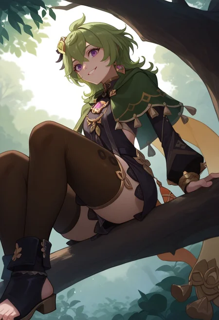 score_9, score_8_up, score_7_up, source_anime, 1girl, colleidef, green hair, medium hair, purple eyes, hair ornament, hair between eyes, ahoge, earrings, jewelry, green capelet, black dress, detached sleeves, puffy long sleeves, backless dress, bridal gauntlets, crossed bangs, brown thighhighs, asymmetrical legwear, thighlet, sitting, sitting in tree, smile, toeless footwear, boots, looking at viewer, outdoors, forest, sun, upper body, from below, <lora:Collei_v1-000010:1>