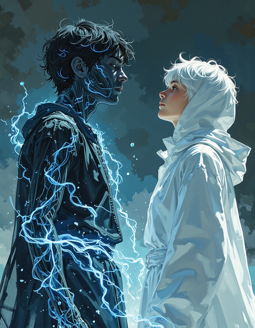 A dark blue figure made of black and white light waves with glowing tendrils, wearing an all-white robe, standing next to another humanoid in the same pose, facing each other and looking up at the heavens. The scene is ethereal and photorealistic, with a cinematic quality.