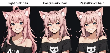 1girl, cute, cat ears, toothy grin, t-shirt, off-shoulder, light pink hair, black background