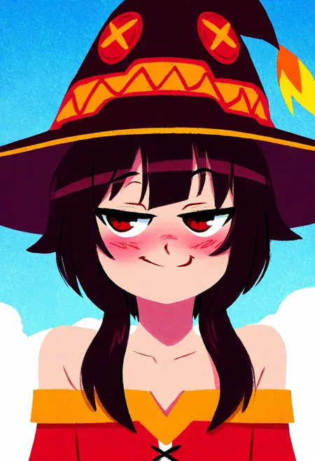 justinecunha, masterpiece, pastel, best quality, solo, megumin, detailed face, detailed eyes, hat, smug, blush, fantasy background,