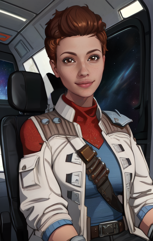 ellie, brown eyes, brown hair, short hair,  looking at viewer,  smile, 
upper body,  sitting,  
white jacket, belt,  gloves, single shoulder pad, shirt,  
space ship, indoors, 
(insanely detailed, beautiful detailed face,beautiful detailed eyes, masterpiece, best quality),
 <lora:ellie:0.8>