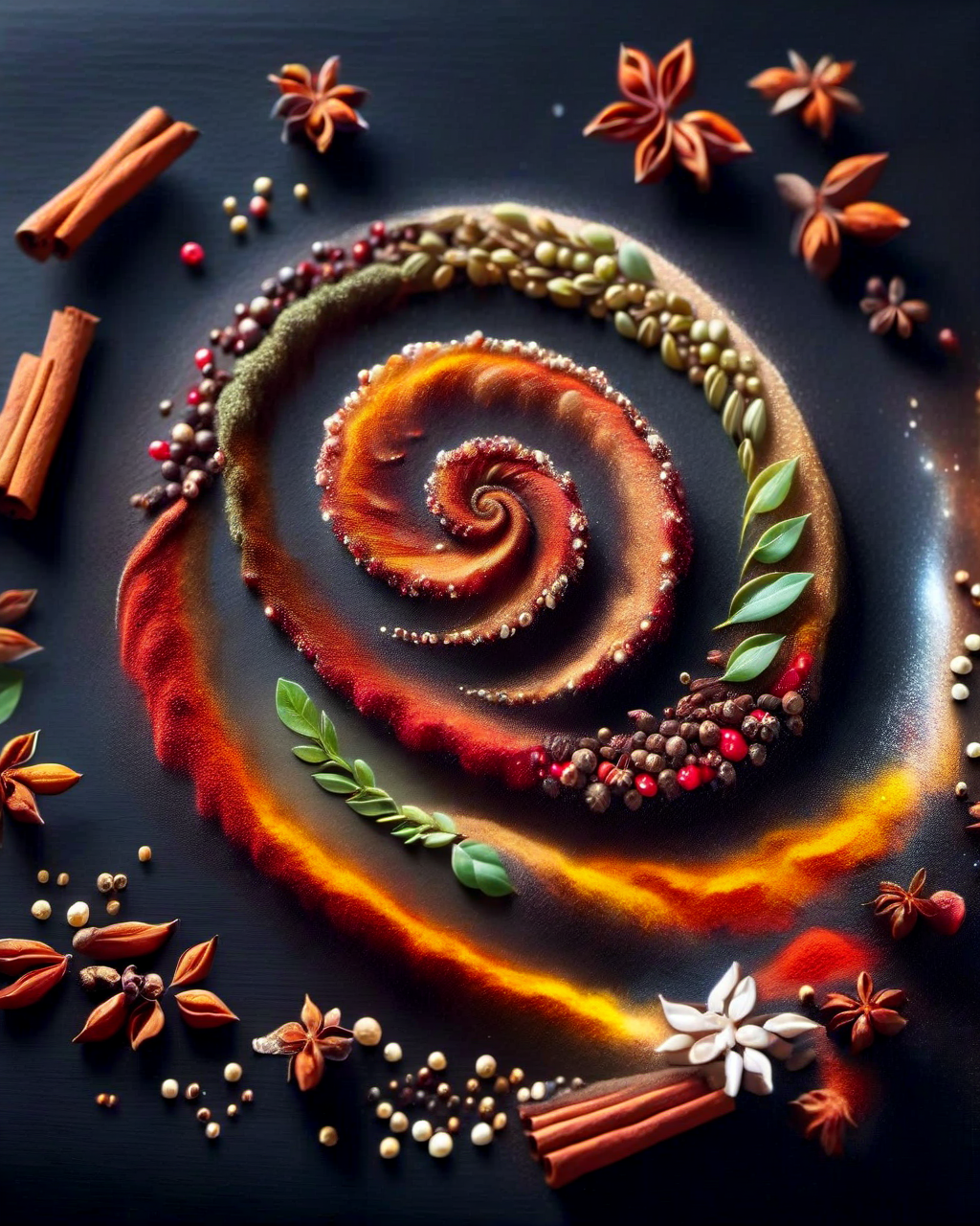 Herbs_Morf, a spiral galaxy made of herbs cinnamon spices seeds, on top of a table, realistic, 4k, masterpiece