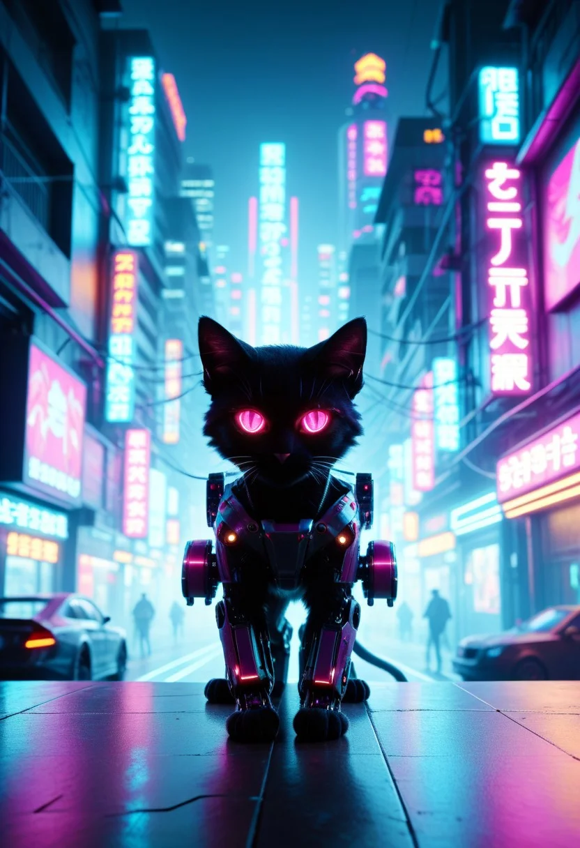 score_9, score_8_up, score_7_up, score_5_up, score_6_up, score_4_up, CyberpunkWorld, 1 animal, animal focus, cat, robotic cat, glowing eyes, neon lights, glow, sci fi, tech, cyberpunk city background, (Masterpiece:1.3) (best quality:1.2) (high quality:1.1),(motion blur:1.3), vibrant (blue:1.5) and (magenta:1.4) palette,