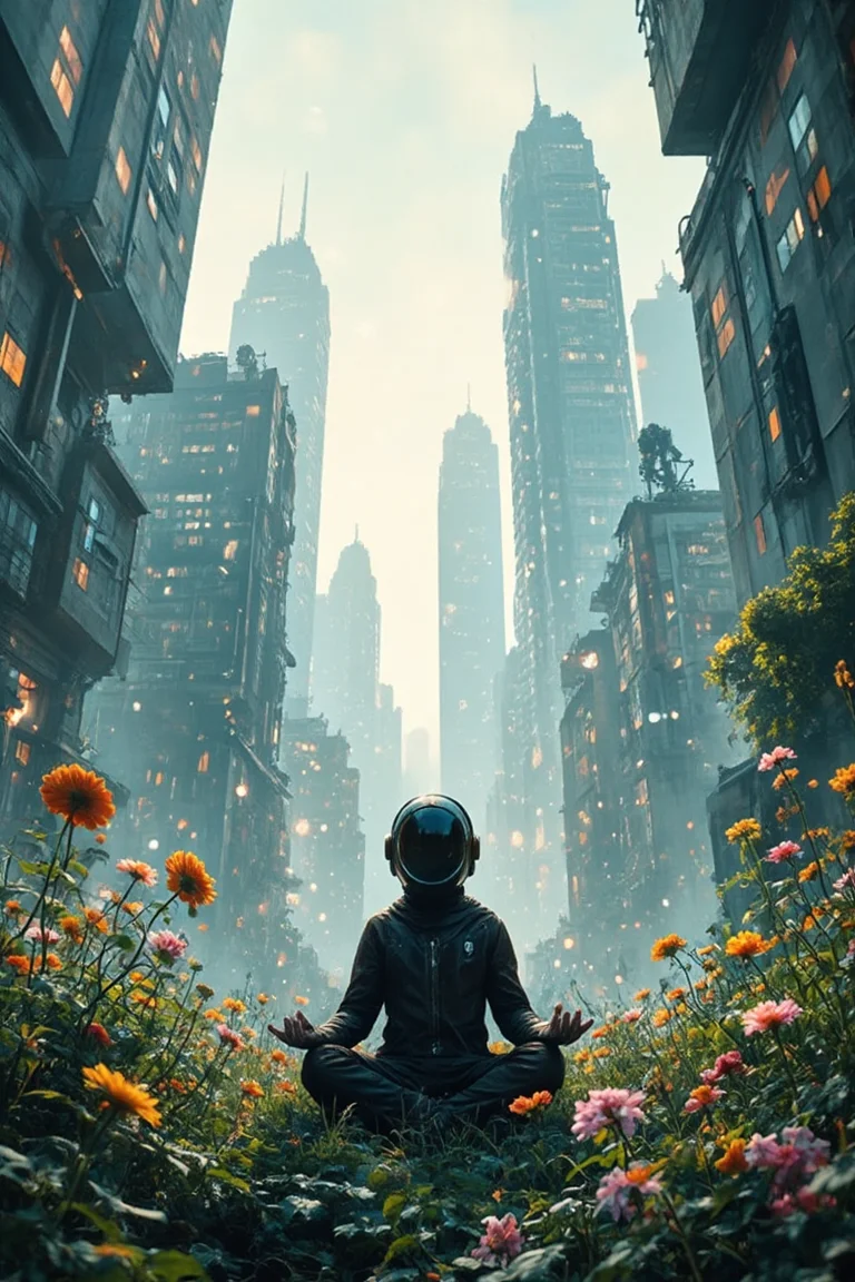 A futuristic urban setting with tall buildings, illuminated windows, and floating orbs. In the foreground, there's a figure wearing a helmet with a large circular visor, sitting in a meditative pose amidst a garden filled with vibrant flowers. The juxtaposition of the serene garden and the bustling city creates a contrast between nature and technology.
