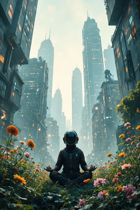 A futuristic urban setting with tall buildings, illuminated windows, and floating orbs. In the foreground, there's a figure wearing a helmet with a large circular visor, sitting in a meditative pose amidst a garden filled with vibrant flowers. The juxtaposition of the serene garden and the bustling city creates a contrast between nature and technology.