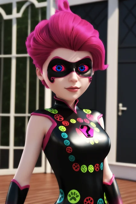 score_9, score_8_up, score_7_up, masterpiece, detailed, 4k, high quality, best quality, imtdmiraculer, 1girl, bodysuit, pink hair, domino mask, blue eyes, colored sclera, pink sclera, skin tight, mask, elbow gloves, sleeveless, short hair, makeup
