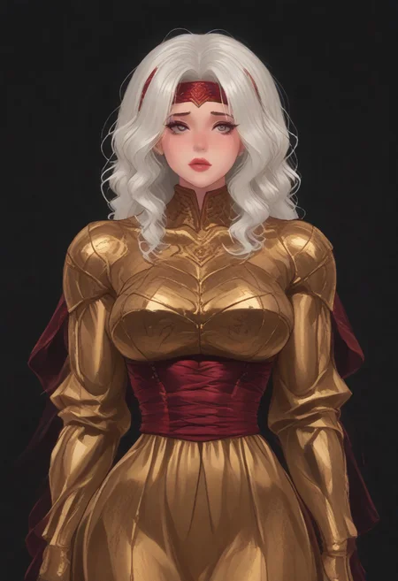 (score_9, score_8_up, score_7_up), source_anime, anime, female (dark red skin) white hair, burgundy eye color, black eye sclera, layered clothing, waist-high, black background, woman, forehead, headband (big breasts:1.2) (golden armor:1.1) (muscular body:1.8) white tight skin (fleshy lips:1.5) (thin waist:1.5).