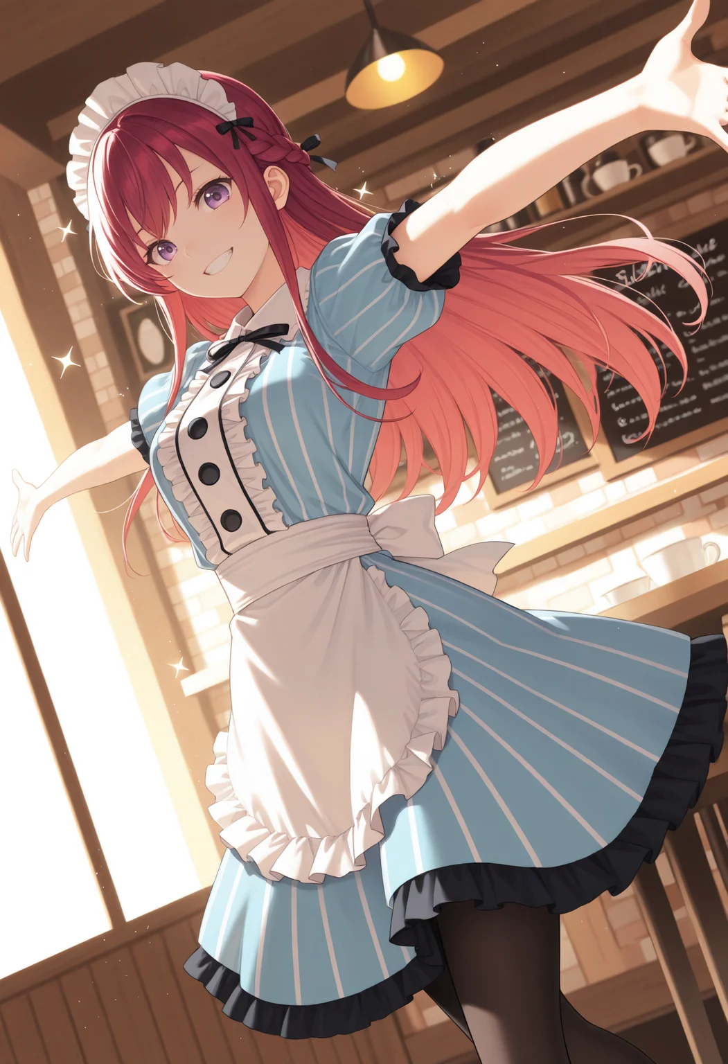 masterpiece, best quality, 1girl, solo, Makuzawa0uka, purple eyes, red hair, long hair, braid, maid headdress, black ribbon, striped dress, blue dress, center frills, puffy short sleeves, white apron, pantyhose, spread arms, grin, looking at viewer, happy, sparkle, indoors, cafe, dutch angle, wide shot, <lora:ChamMakuzawaOukaNoob:1>