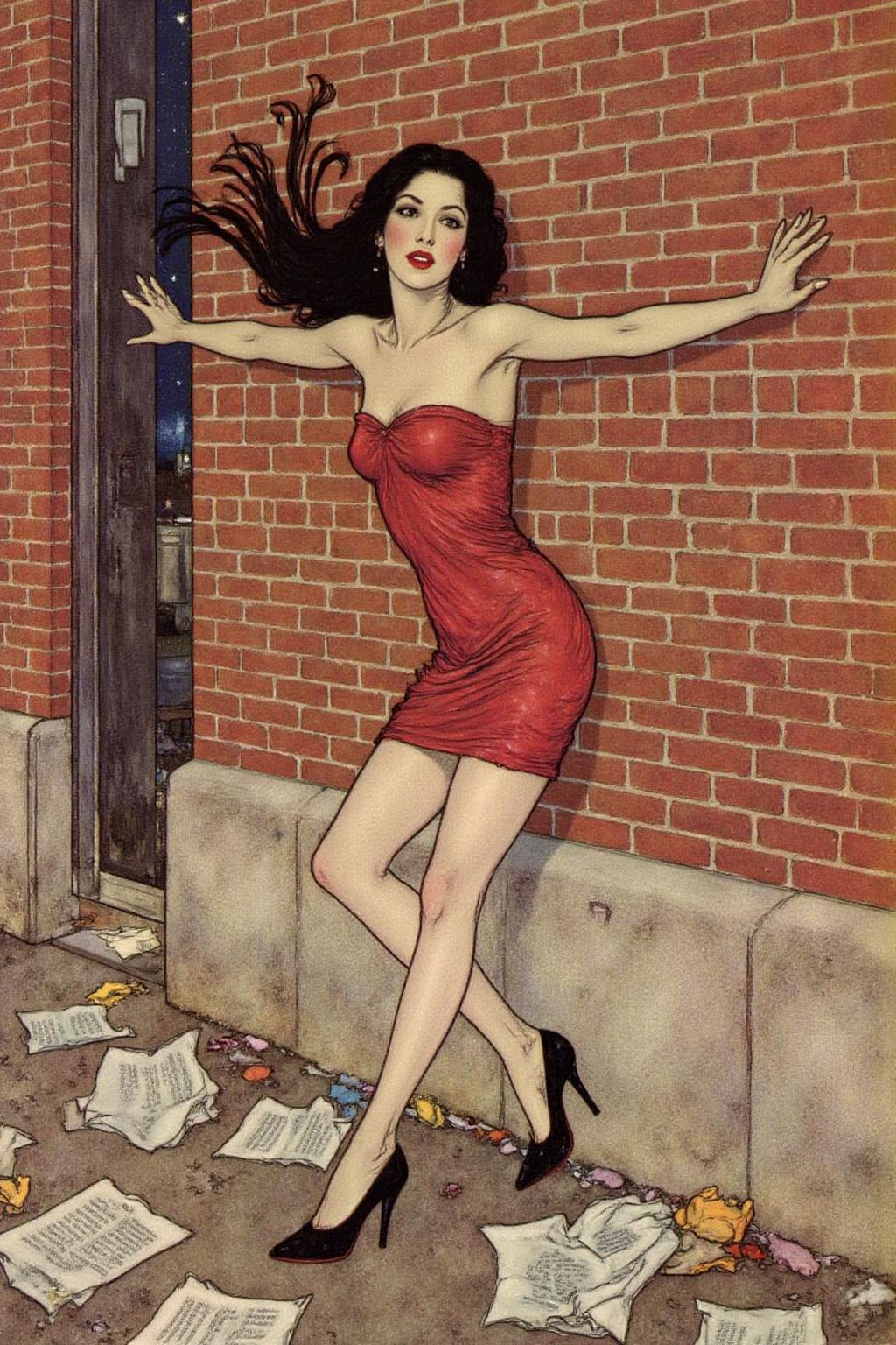 dulac1 illustration. 
A woman leaning against a brick wall, set in an urban environment. She has long black hair flowing loosely and wears a short, strapless red dress that clings to her figure, emphasizing a sense of motion and sensuality. Her pose is dramatic, with her arms stretched against the wall and her head tilted slightly back, exuding a sense of vulnerability and allure. She is wearing black high-heeled shoes, and the ground below features scattered papers and debris, adding a gritty urban atmosphere. The brick wall and stone base provide a textured backdrop with warm tones, contrasting with the bold red of her dress.   <lora:dulac2_cap_d6a3e15:1.0><lora:816558074497186549:0>