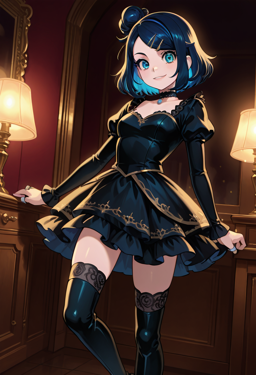 masterpiece, best quality, 1girl, eyelashes, (beautiful eyes), looking at viewer, smile,  dark blue hair,   [Gothic Glam Boutique] zzLikoMV, 1girl, solo, turquoise eyes, blue hair, short hair, lace choker, velvet dress, thigh-high boots, silver rings, dark makeup, gothic boutique, dim lighting, ornate mirrors â Inside a gothic boutique, zzLikoMVâs turquoise eyes gleam as her short blue hair contrasts beautifully against her dark velvet dress. The lace choker around her neck is adorned with silver rings that catch the dim light. Her thigh-high boots add a daring touch, while the ornate mirrors surrounding her reflect her dark glamour, creating an air of mystery and elegance.   (dynamic pose, foreshortening),  ,<lora:LikoMegaVoltagePokemon_IXL:0.8>,   <lora:CoutureCraze_IXL:0.7>,