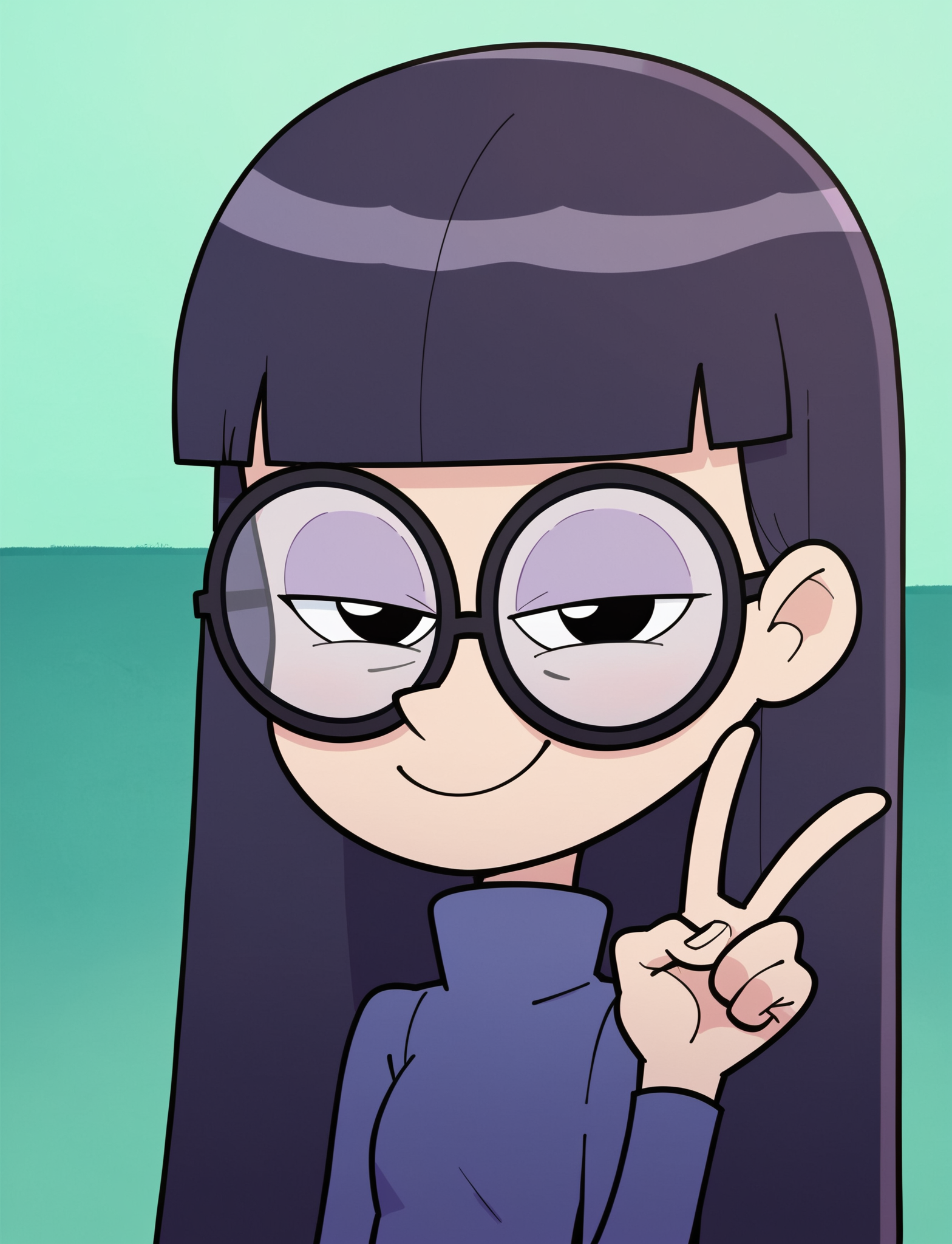 score_9, score_8_up, score_7_up, score_6_up, score_5_up, score_4_up, 1girl, <lora:Pandora_Les_filles_de_dad:0.9> pandora, glasses, long hair, turtleneck sweater, purple footwear, skirt, black pantyhose, long hair, blunt bangs, smile, half-closed eyes, solo, upper body, v, looking at viewer, black eyes,
