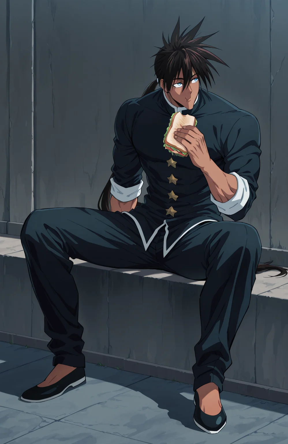 <lora:[Char - IL] One-Punch Man - Suiryu (R2E14):1.0> opm_suiryu, very long hair, dark skin, dark-skinned male, blue eyes,
muscular male,
gakuran, facing to the side, looking up,
ponytail,
school yard, outdoors, in shadow, wall, school rooftop, sky,
sitting, on floor, spread legs, eating sandwich,