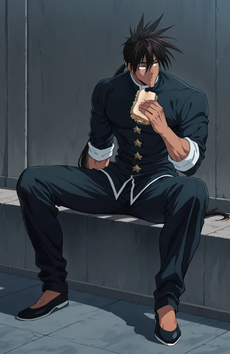 <lora:[Char - IL] One-Punch Man - Suiryu (R2E14):1.0> opm_suiryu, very long hair, dark skin, dark-skinned male, blue eyes,
muscular male,
gakuran, facing to the side, looking up,
ponytail,
school yard, outdoors, in shadow, wall, school rooftop, sky,
sitting, on floor, spread legs, eating sandwich,