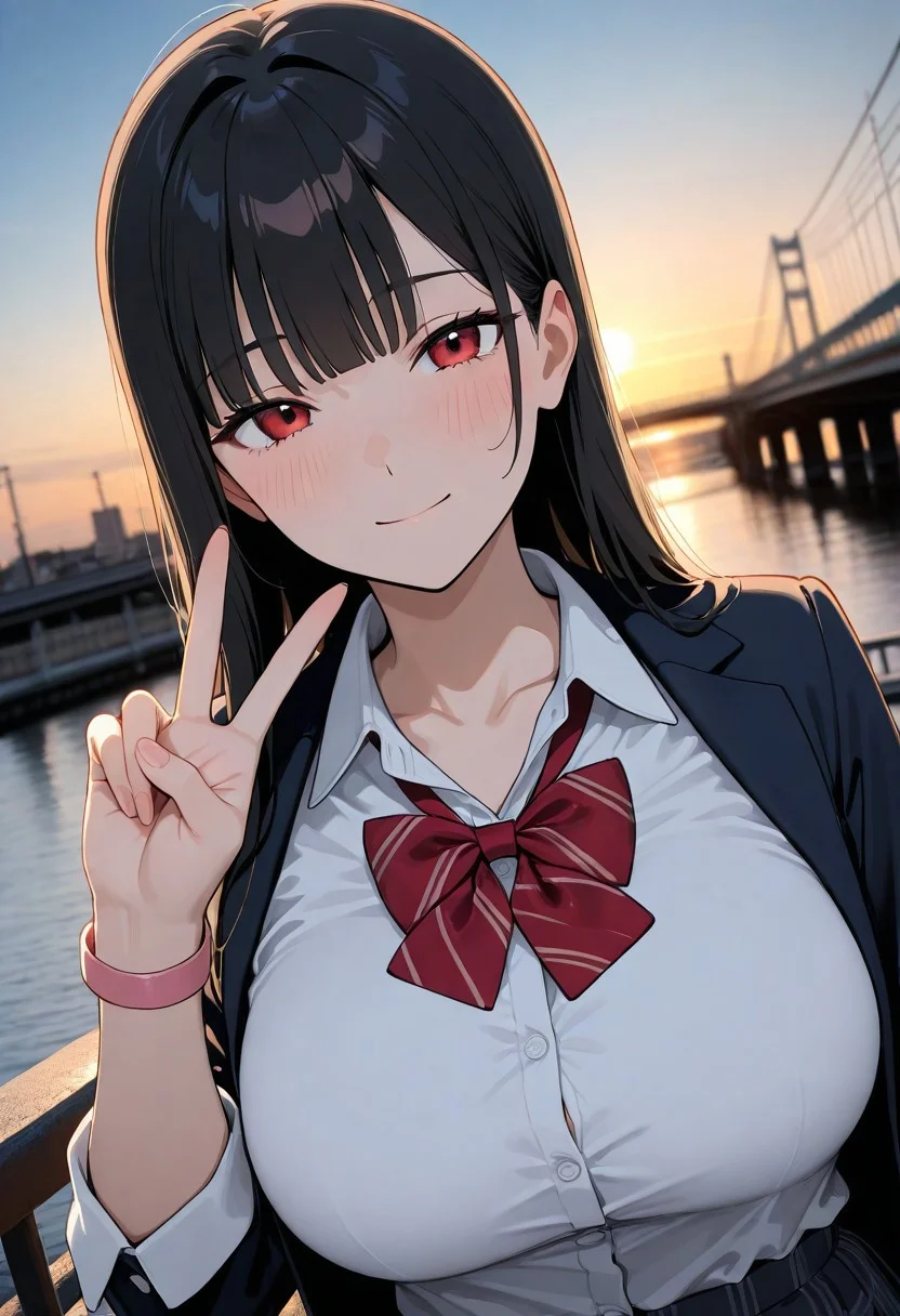 masterpiece,best quality,amazing quality,newest,absurdres,highres, newest,very awa, scenery, anime,flat color,
from front, portrait,dutch angle,
1girl, beautiful face, perfect eyes, detailed eyes,mature female,
black hair,long hair, straight hair,blunt bangs,light smile, , looking at viewer, blush,
red eyes, 
large breasts,collarbone,
seifuku,collared shirt, plaid red bowtie, open blazer, small pink wristlet, 
v,hand up, urban,on bridge, bridge,
depth of field, sunset,volumetric light,blurry background,backlighting,photo background,