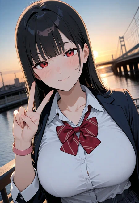 masterpiece,best quality,amazing quality,newest,absurdres,highres, newest,very awa, scenery, anime,flat color,
from front, portrait,dutch angle,
1girl, beautiful face, perfect eyes, detailed eyes,mature female,
black hair,long hair, straight hair,blunt bangs,light smile, , looking at viewer, blush,
red eyes,
large breasts,collarbone,
seifuku,collared shirt, plaid red bowtie, open blazer, small pink wristlet,
v,hand up, urban,on bridge, bridge,
depth of field, sunset,volumetric light,blurry background,backlighting,photo background,